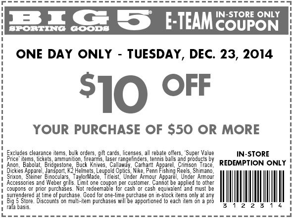 Big 5 Coupon April 2024 $10 off $50 today at Big 5 sporting goods