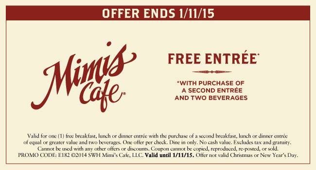 Mimis Cafe Coupon April 2024 Second entree free at Mimis Cafe