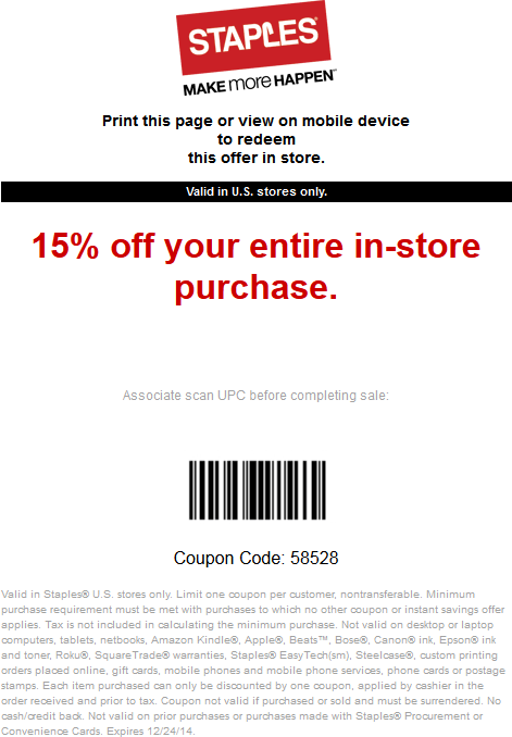 Staples Coupon April 2024 15% off today at Staples