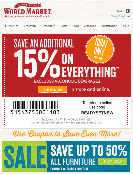 World Market Coupon April 2024 15% off today at Cost Plus World Market, or online via promo code READYSETNEW