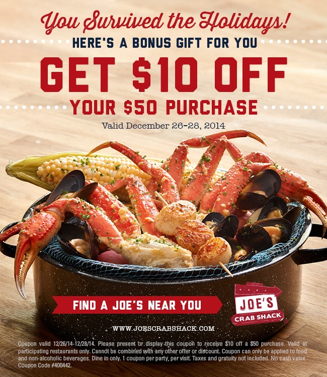 Joes Crab Shack Coupon April 2024 $10 off $50 at Joes Crab Shack