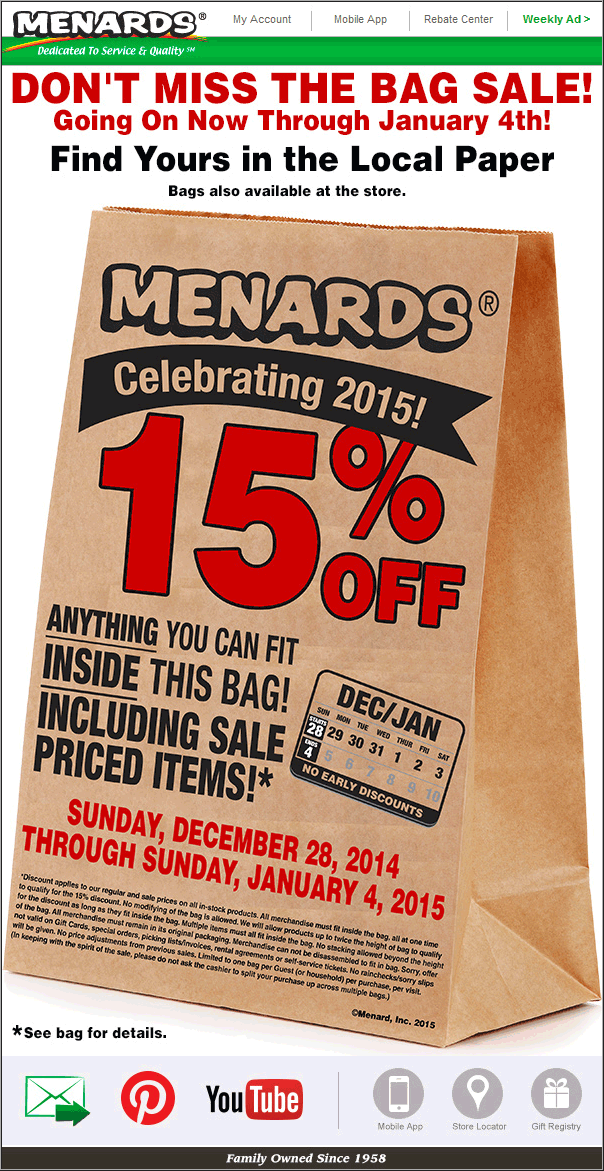 Menards Coupon April 2024 15% off what fits in the bag at Menards