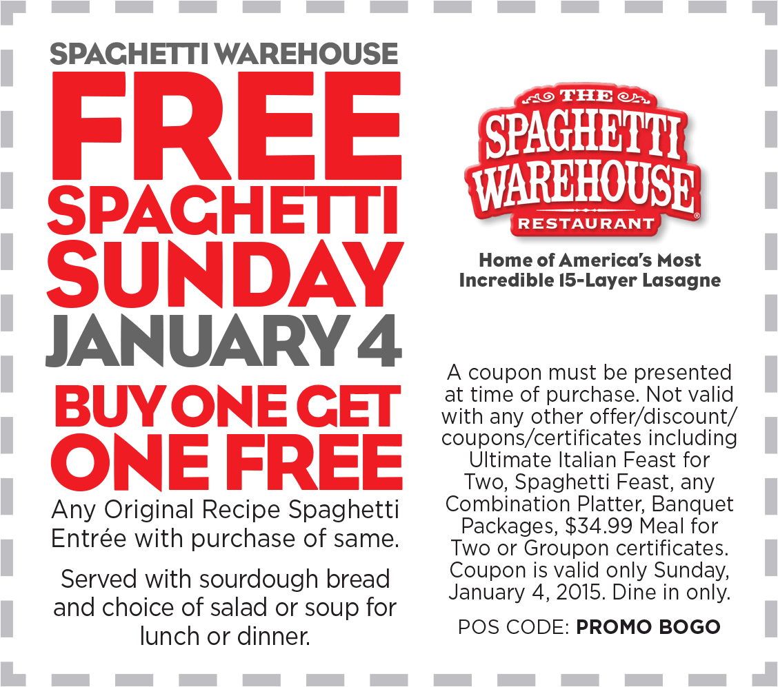 Spaghetti Warehouse Coupon April 2024 Second spaghetti free Sunday at Spaghetti Warehouse restaurants