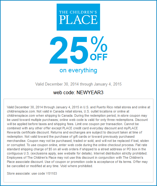 The Childrens Place Coupon April 2024 25% off everything at The Childrens Place, or online via promo code NEWYEAR3