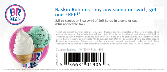 Baskin Robbins Coupon April 2024 Second ice cream free at Baskin Robbins