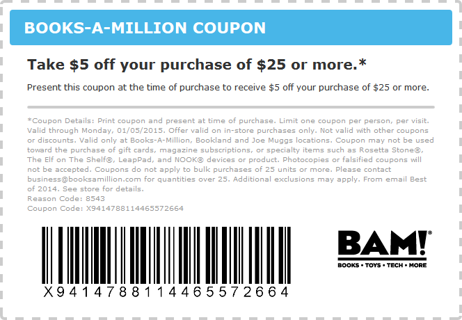 Books-A-Million Coupon April 2024 $5 off $25 at Books-A-Million