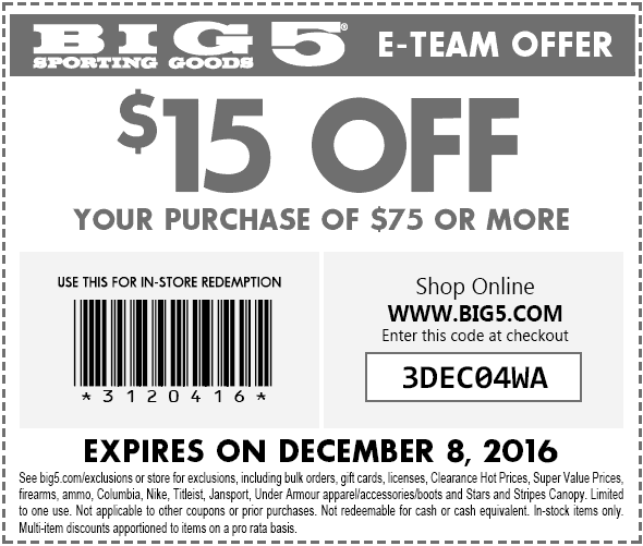 Big 5 Coupons $15 off $75 at Big 5 sporting goods