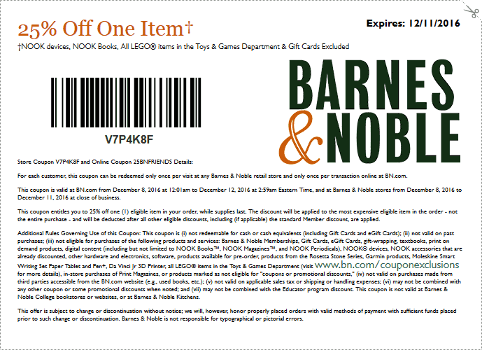 Barnes Noble Coupons 25 Off A Single Item At Barnes