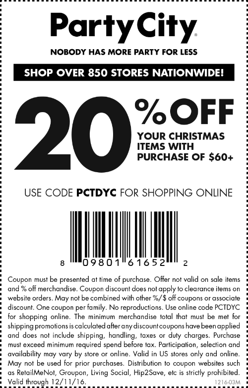 Party City Coupons - 20% off $60 today at Party City, or online via