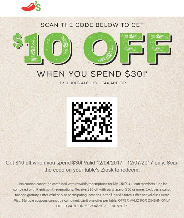 Chilis Coupons $10 off $30 at Chilis restaurants