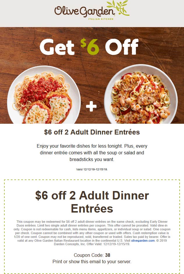Olive Garden Coupons 6 Off A Couple Entrees At Olive Garden
