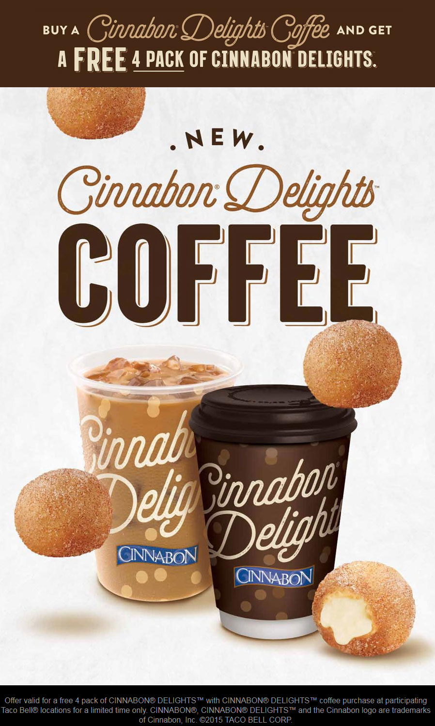 Taco Bell Coupon April 2024 4-pack of cinnabon delights free with your coffee at Taco Bell