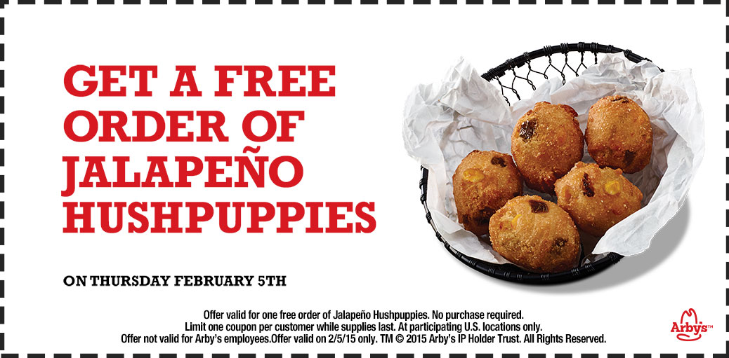 Arbys Coupon April 2024 Free jalapeno hush puppies today at Arbys, no purchase necessary