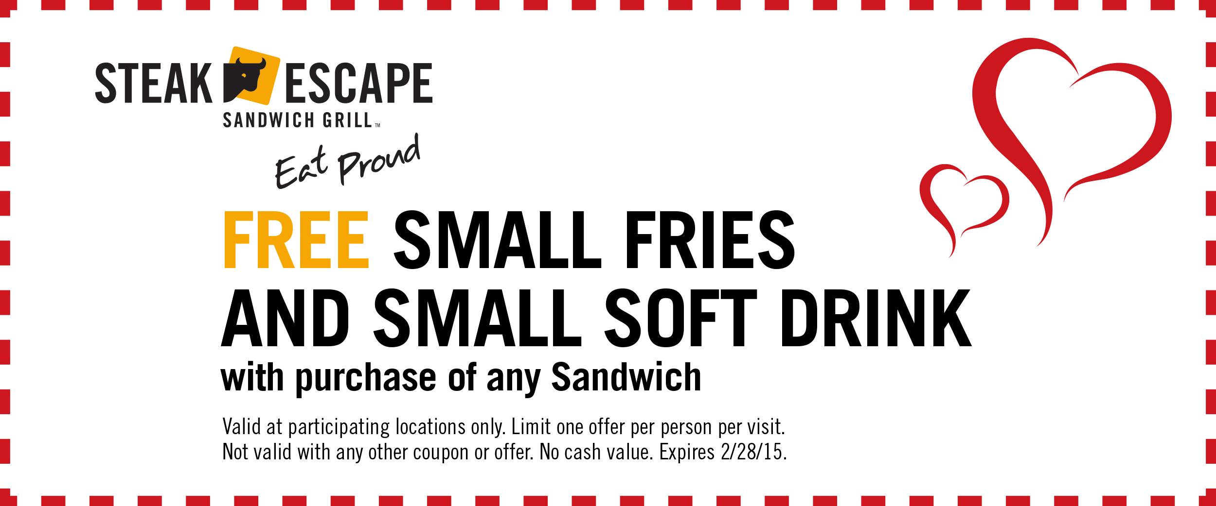Steak Escape Coupon March 2024 Fries & drink free with your sandwich at Steak Escape sandwich grill