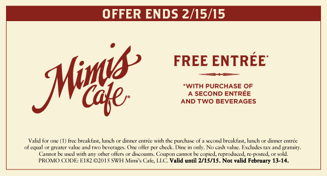 Mimis Cafe Coupon May 2024 Second entree free at Mimis Cafe