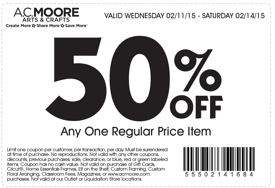 A.C. Moore Coupon April 2024 50% off a single item at A.C. Moore