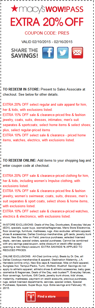 Macys Coupon March 2024 Extra 20% off at Macys, or online via promo code PRES