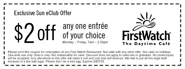 First Watch Coupon April 2024 $2 off an entree at First Watch cafes