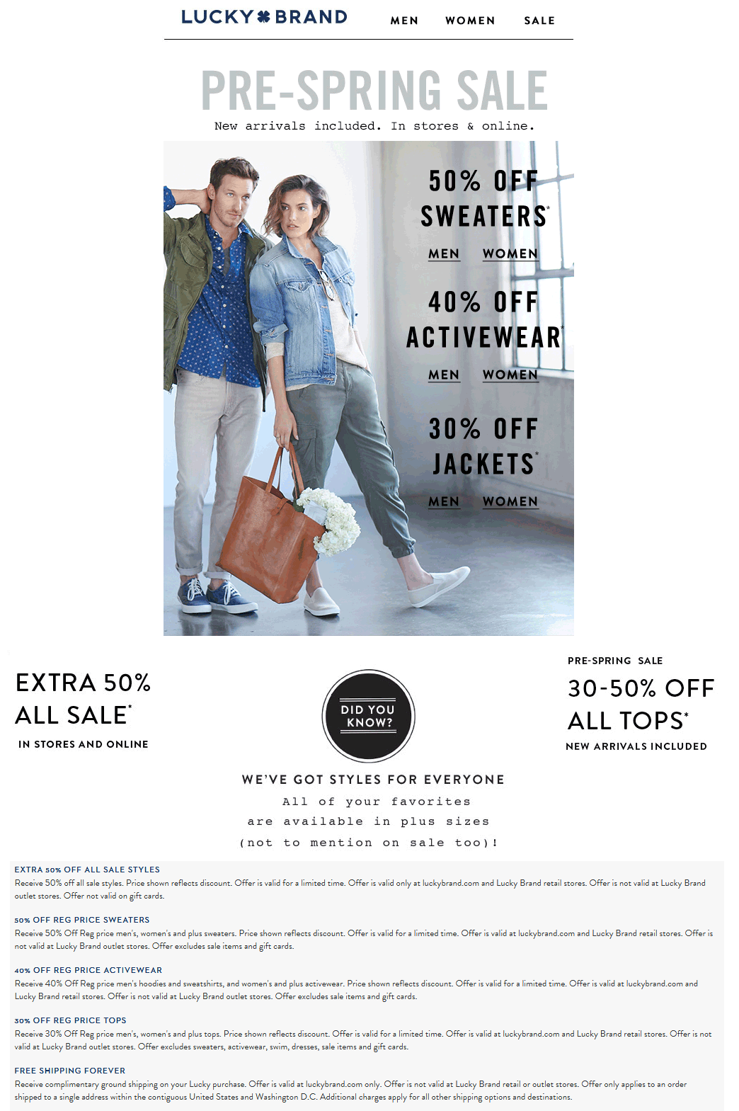 Lucky Brand Coupon April 2024 Extra 50% off sale items & more at Lucky Brand, ditto online