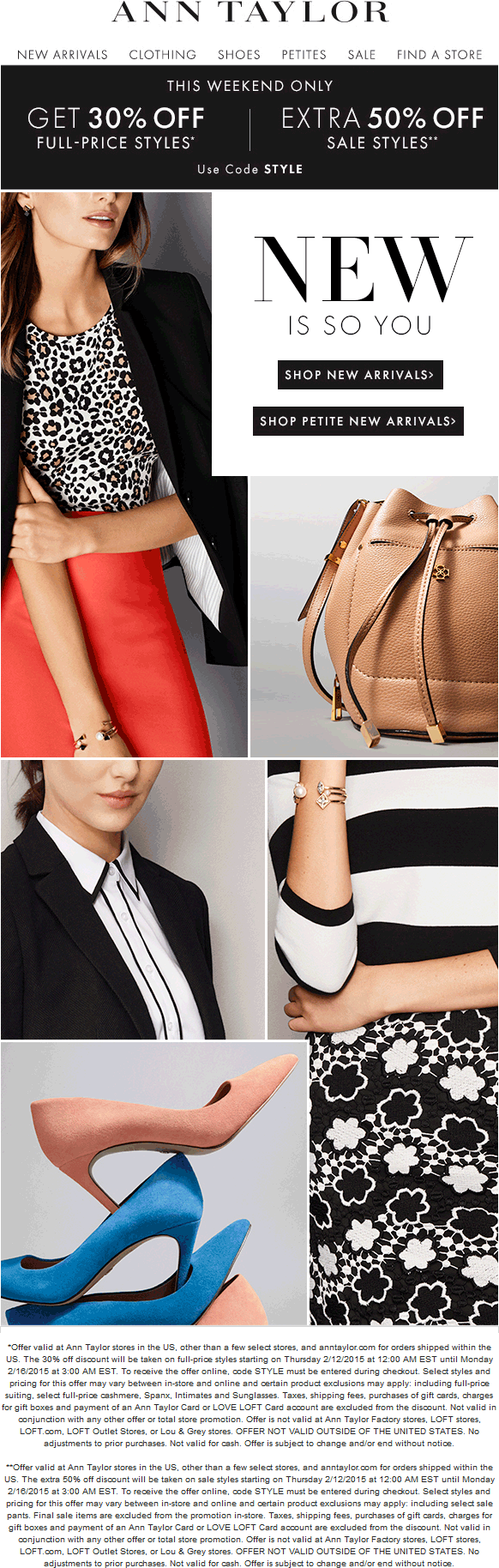 Ann Taylor Coupon April 2024 30% off regular & 50% off sale items this weekend at Ann Taylor, or online via promo code STYLE