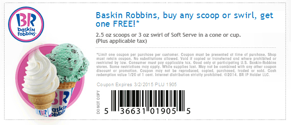 Baskin Robbins Coupon April 2024 Second ice cream cone free at Baskin Robbins