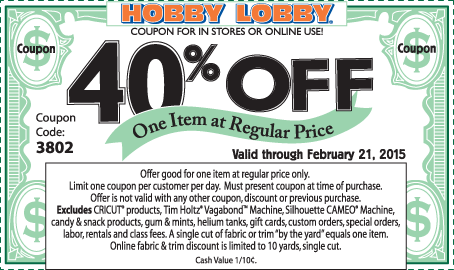 Hobby Lobby Coupon April 2024 40% off a single item at Hobby Lobby, or online via promo code 3802