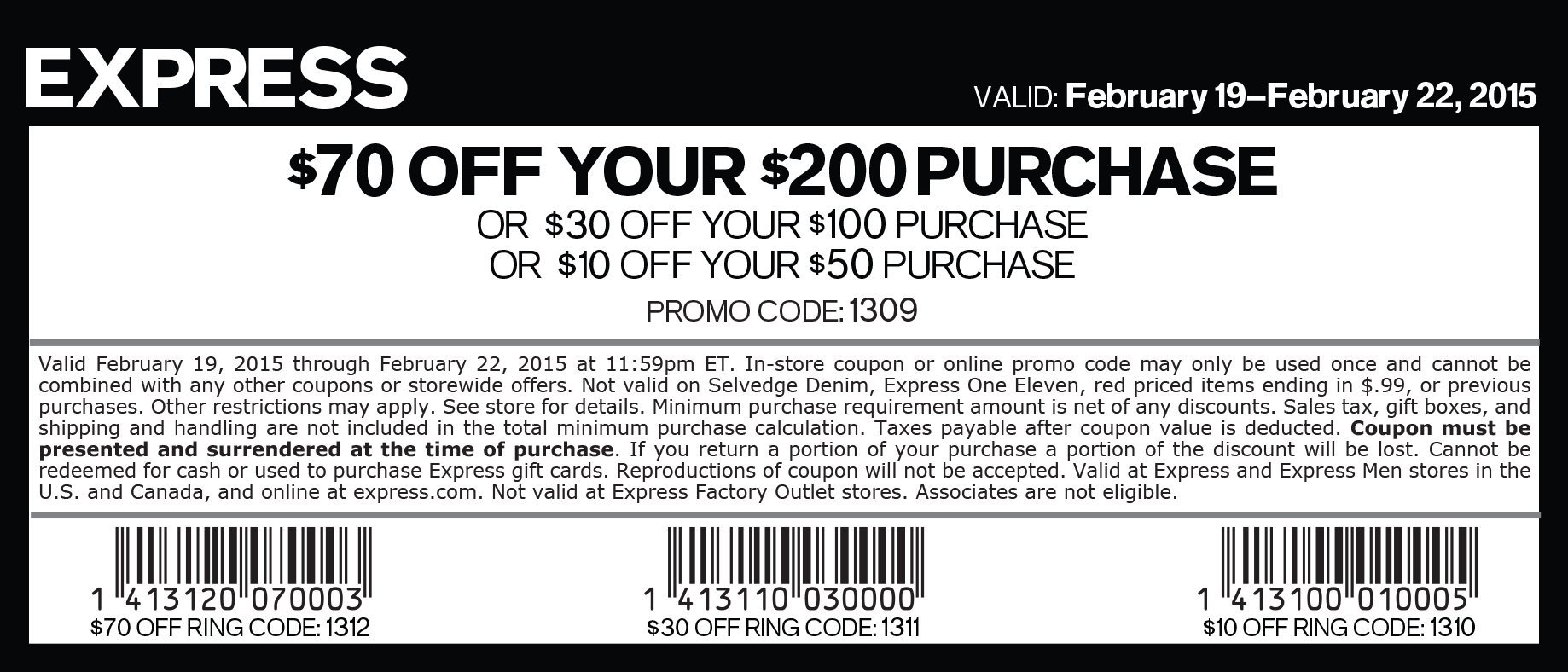 Express Coupon April 2024 $10 off $50 at Express, or online via promo code 1309