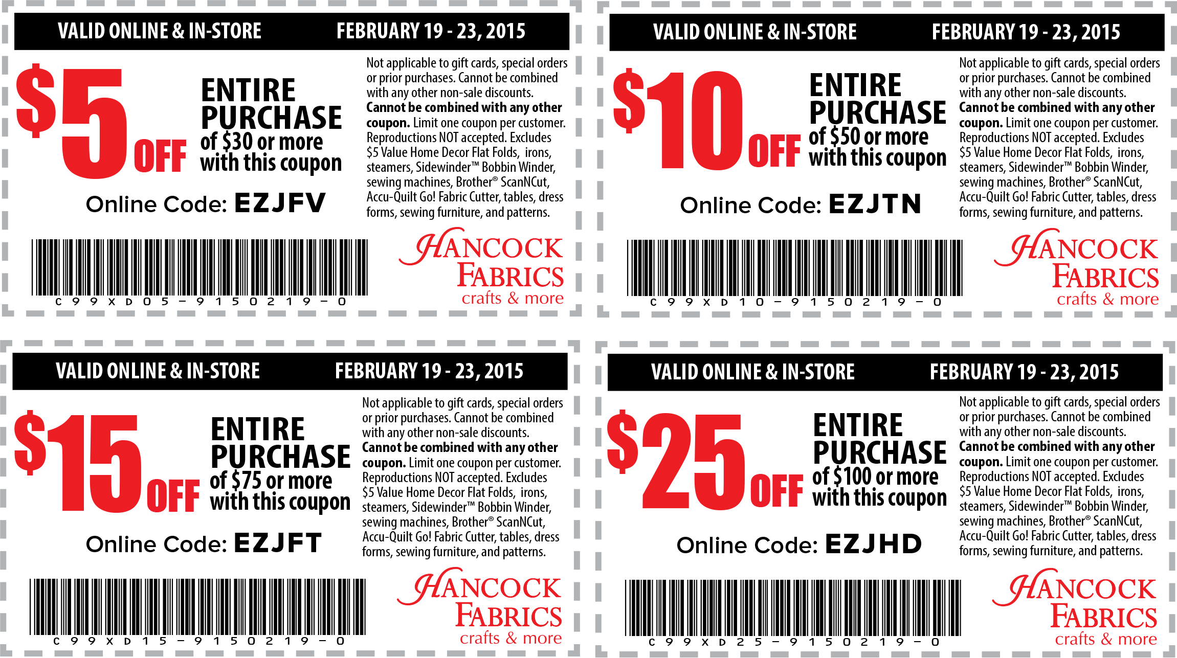 Hancock Fabrics Coupon April 2024 $5 off $30 & more at Hancock Fabrics, or online via promo code EZJFV