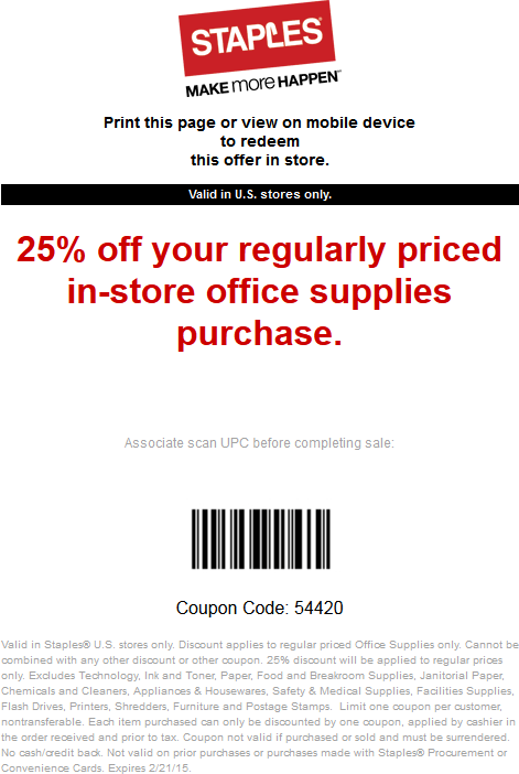 Staples Coupon April 2024 25% off office supplies at Staples