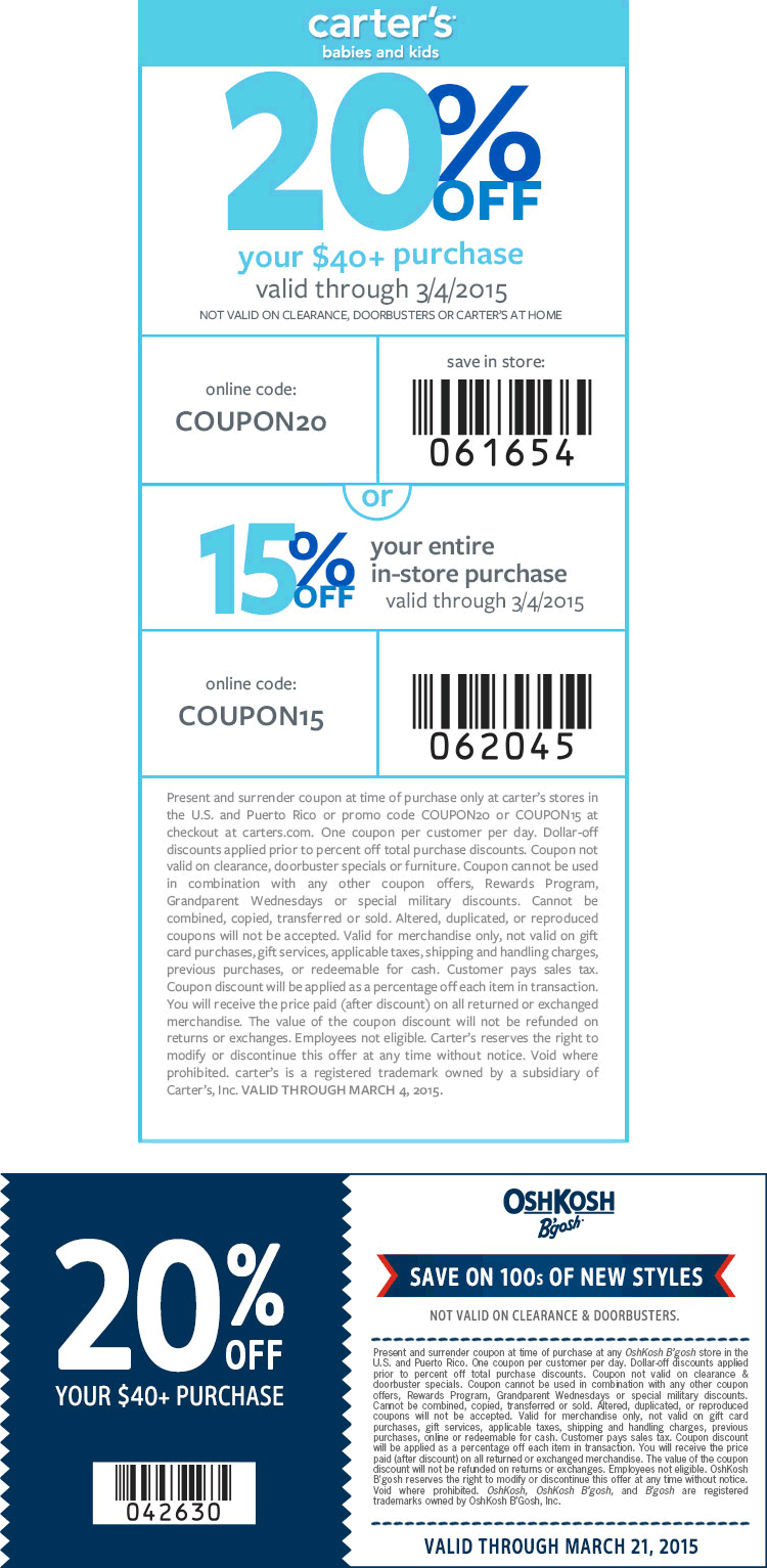 Carters Coupon April 2024 20% off $40 at Carters & OshKosh Bgosh, or online via promo code COUPON20