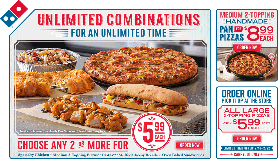 Dominos Coupon April 2024 Large 2-topping pizzas are $6 bucks at Dominos