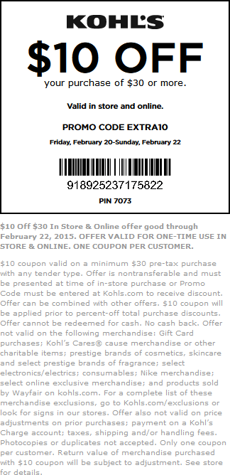 Kohls Coupon April 2024 $10 off $30 at Kohls, or online via promo code EXTRA10