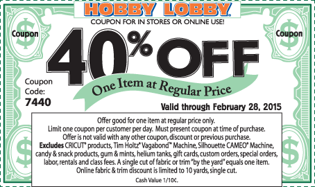 Hobby Lobby Coupon April 2024 40% off a single item at Hobby Lobby, or online via promo code 7440