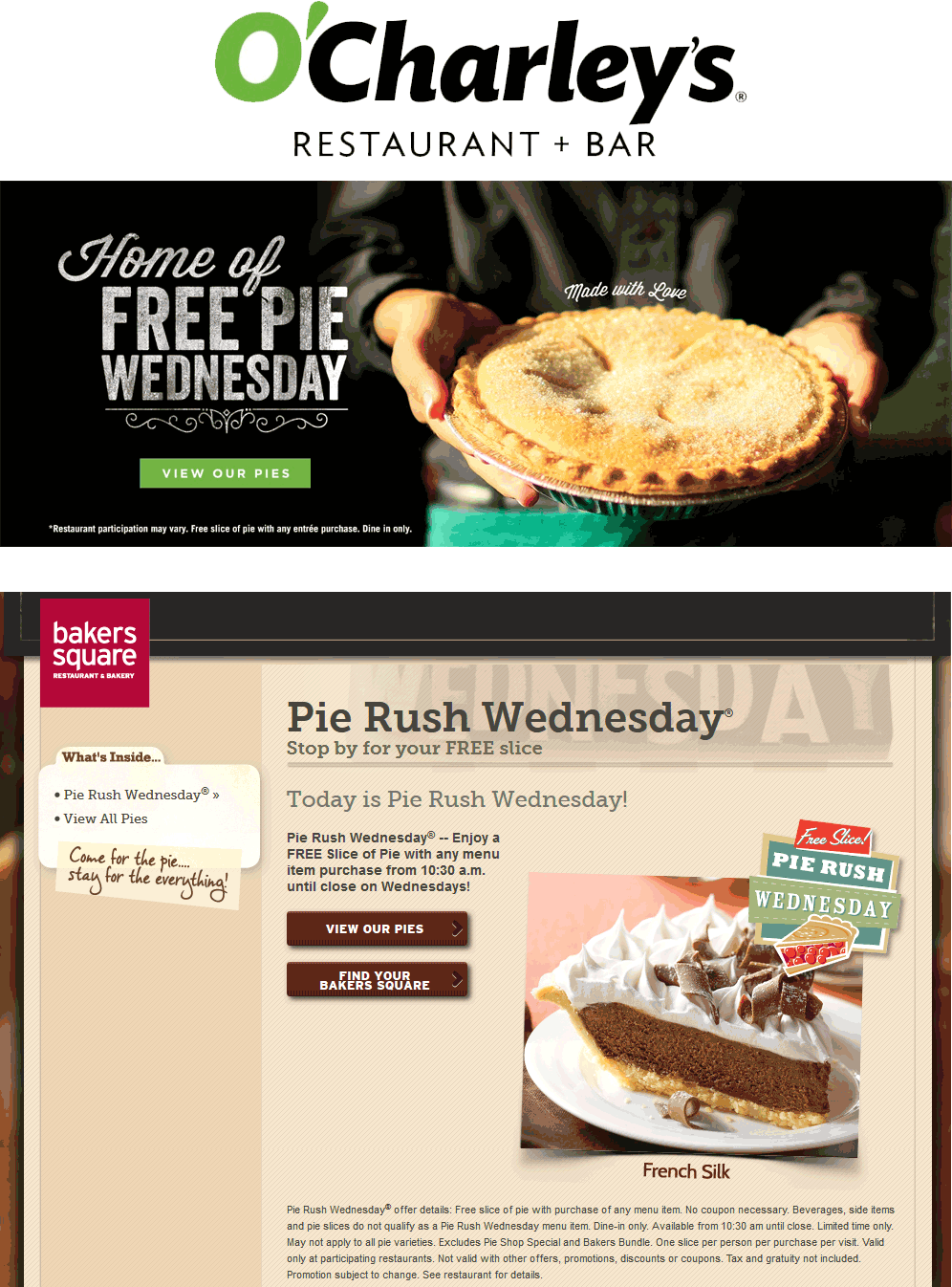 Bakers Square Coupon April 2024 Free slice of pie with your meal today at OCharleys & Bakers Square restaurants