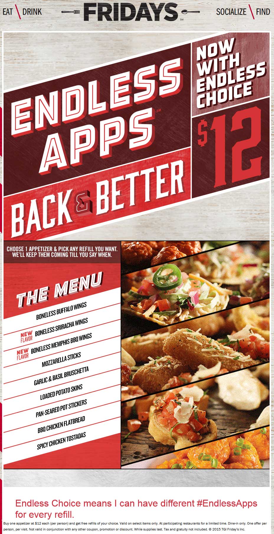 TGI Fridays Coupon April 2024 Interchangeable bottomless appetizers for $12 with your entree at TGI Fridays