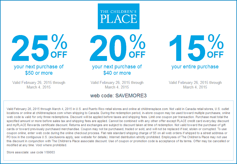 The Childrens Place Coupon April 2024 15-25% off at The Childrens Place, or online via promo code SAVEMORE3