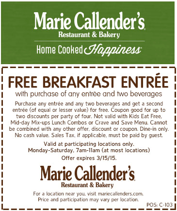 Marie Callenders Coupon April 2024 Second breakfast free at Marie Callenders restaurant & bakery