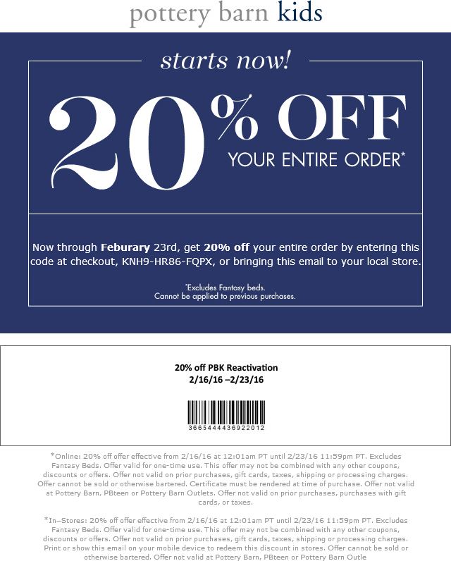 Pottery Barn Kids Coupons 20 Off At Pottery Barn Kids Or