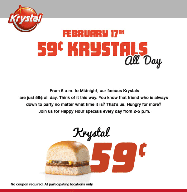 Krystal Coupons - 25% off burgers today at Krystal