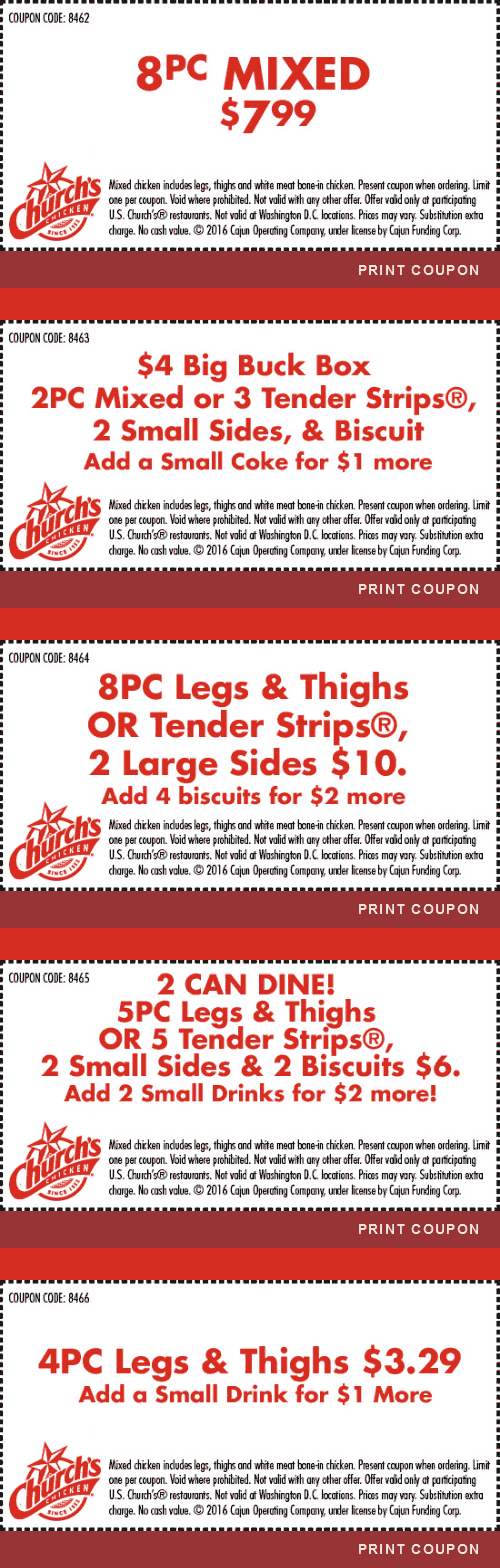Churchs Chicken Coupons 5pc 2 Sides 2 Biscuits 6 More At 