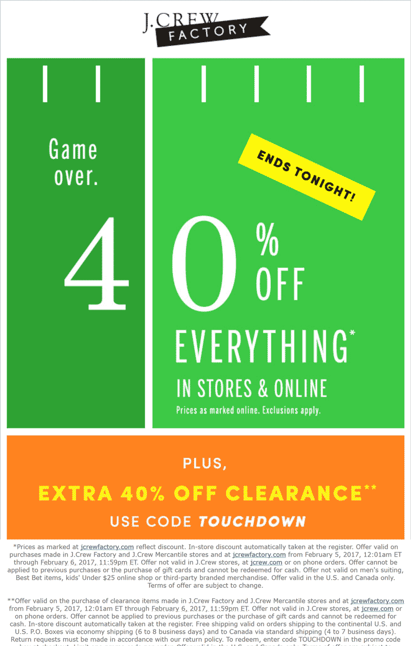 J.Crew Factory coupons 40 off everything today at