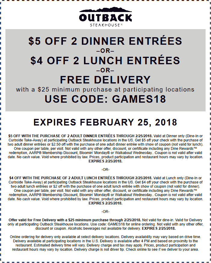 Outback Steakhouse Coupons 4 5 Off A Couple Entrees