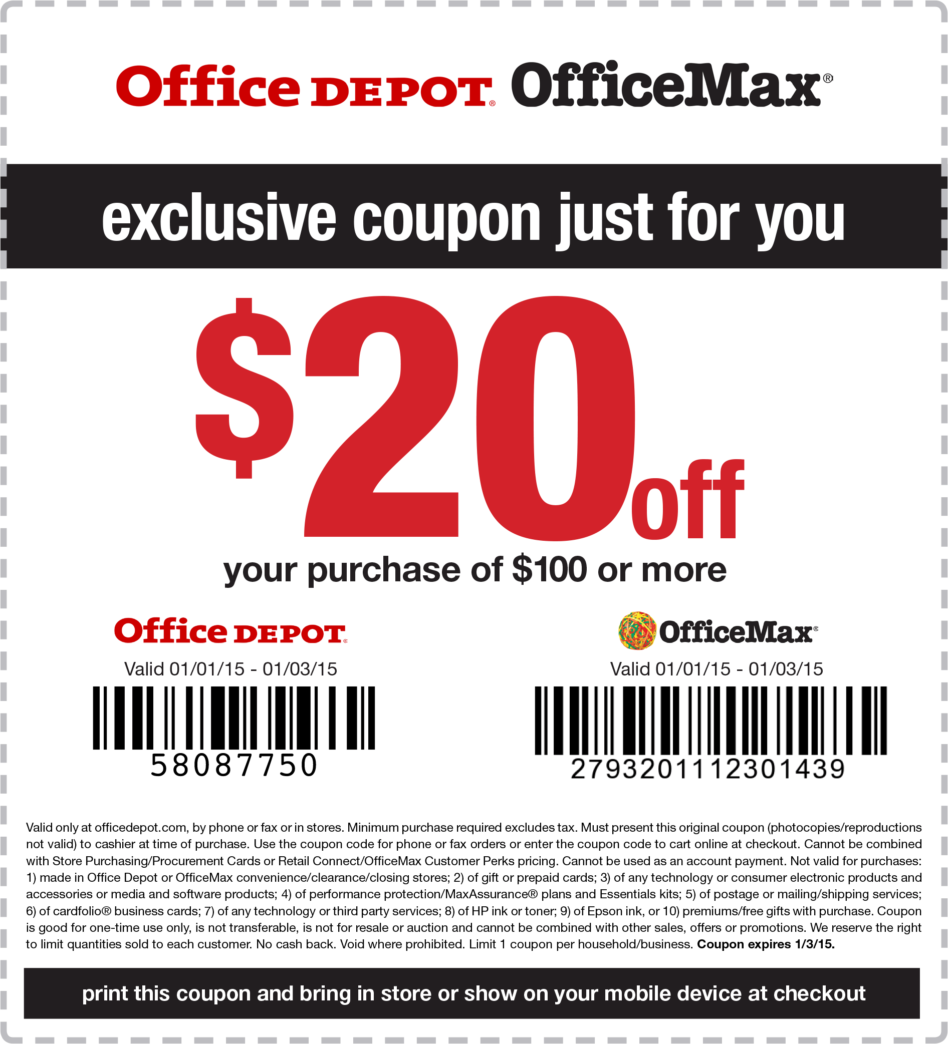 OfficeMax & Office Depot Coupon April 2024 $20 off $100 at Office Depot & OfficeMax, or online via promo code 58087750