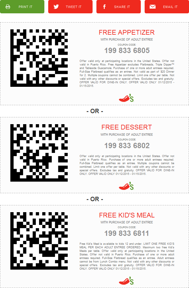 Chilis Coupon April 2024 Free appetizer, dessert or kids meal with your entree at Chilis