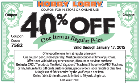 Hobby Lobby Coupon April 2024 40% off a single item at Hobby Lobby, or online via promo code 7582