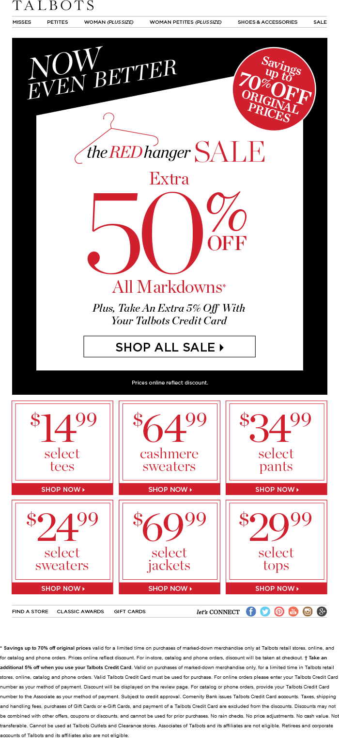 Talbots Coupon April 2024 Extra 50% off sale items at Talbots, ditto online