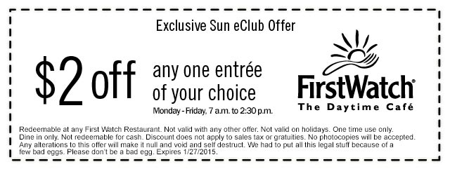 FirstWatch Cafe Coupon April 2024 $2 off your entree at FirstWatch cafes