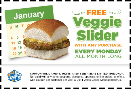 White Castle Coupon March 2024 Veggie slider free with your order Mondays at White Castle