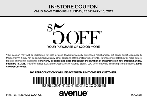 Avenue Coupon April 2024 $5 off $20 at Avenue, or online via promo code AV151234