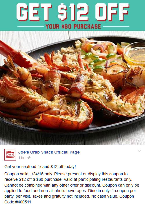 Joes Crab Shack Coupon April 2024 $12 off $60 today at Joes Crab Shack restaurants